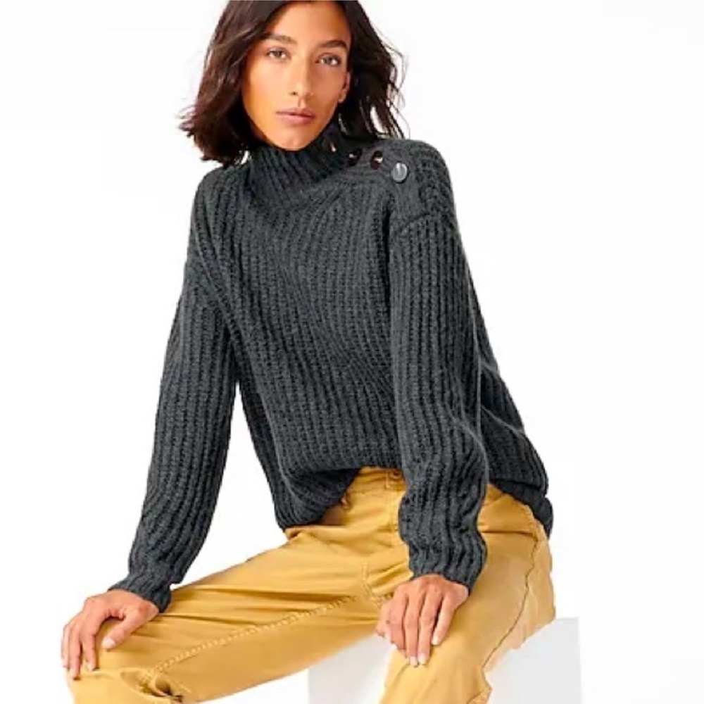 J. Crew Dark Gray Ribbed Turtleneck Sweater with Button Detail
